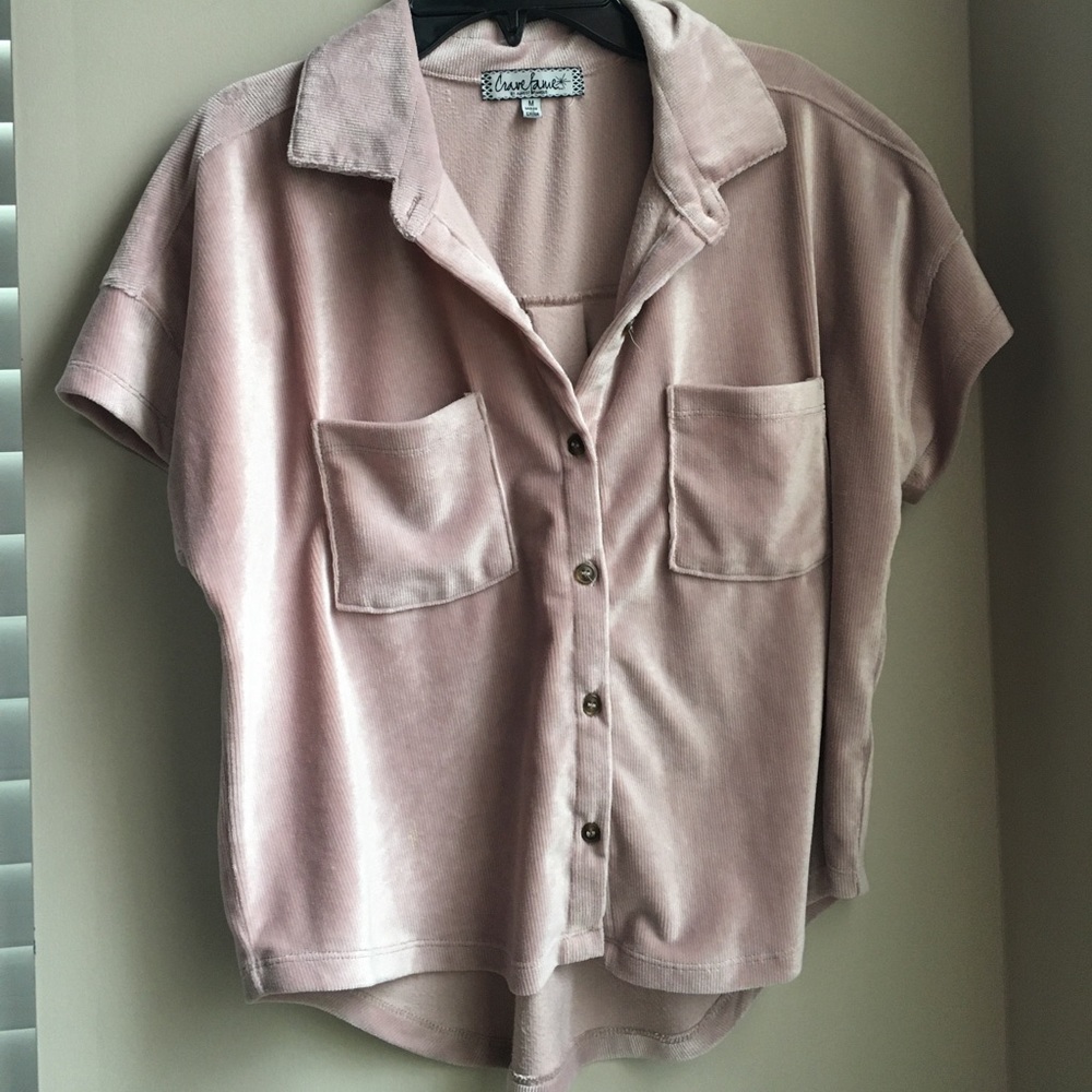 Junior’s Pink Velvet Button-down Sweater Shirt